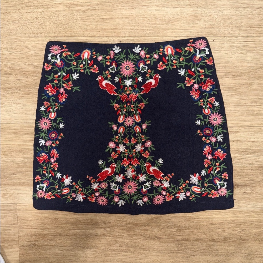Altar'd State Navy Mini Skirt with Red Floral Embroidery